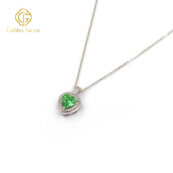 Silver Green Heart-Shaped Halo Pendant Necklace - Image 3
