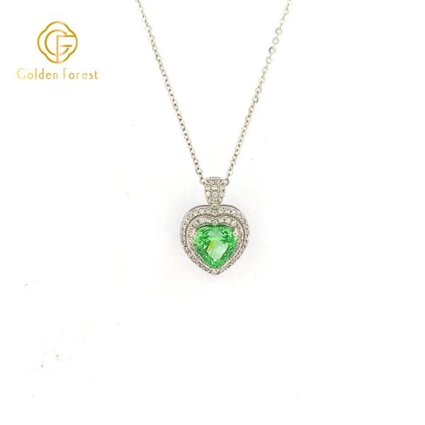 Silver Green Heart-Shaped Halo Pendant Necklace - Image 2