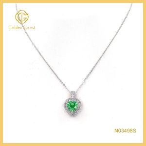 Silver Green Heart-Shaped Halo Pendant Necklace