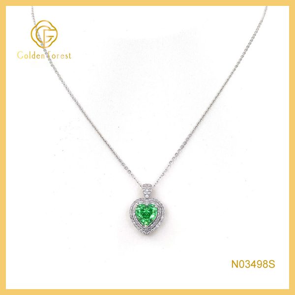 Silver Green Heart-Shaped Halo Pendant Necklace