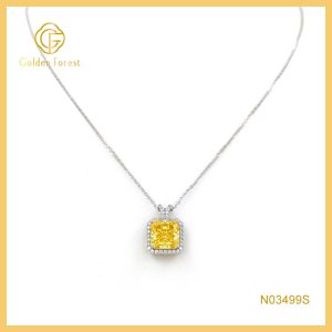 925 Silver Yellow Stone  Halo Necklace with Cubic Zirconia