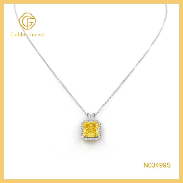 925 Silver Yellow Stone  Halo Necklace with Cubic Zirconia
