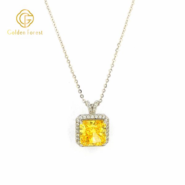 925 Silver Yellow Stone  Halo Necklace with Cubic Zirconia - Image 2