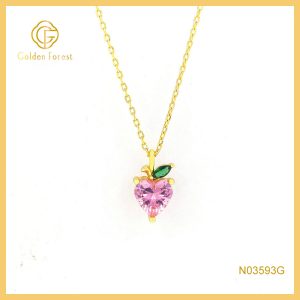 Pink Heart Shaped Pendant Necklace Gold Plated Romantic Gift Jewelry