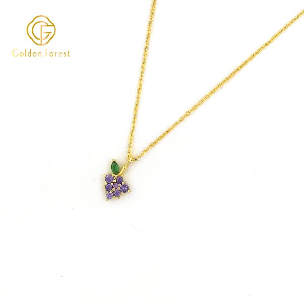 Gold Plated Purple Grape Fruit Necklace with Cubic Zirconia - Image 3