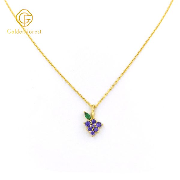 Gold Plated Purple Grape Fruit Necklace with Cubic Zirconia - Image 2