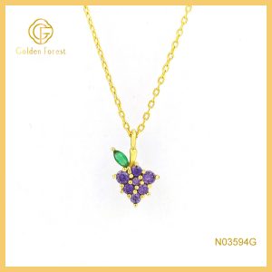 Gold Plated Purple Grape Fruit Necklace with Cubic Zirconia