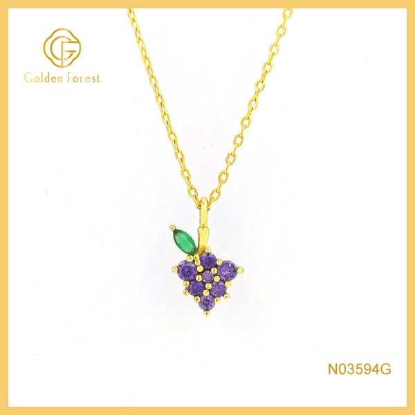 Gold Plated Purple Grape Fruit Necklace with Cubic Zirconia