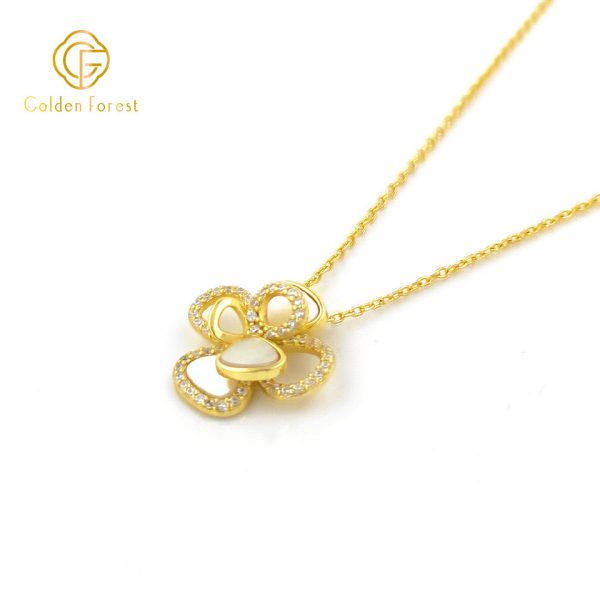925 Silver MOP Sculpture Flower Pendant Necklace wiht Gold Plated & CZ - Image 3