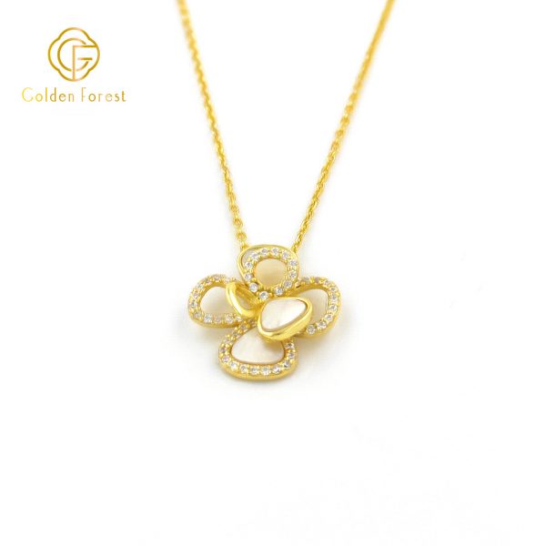 925 Silver MOP Sculpture Flower Pendant Necklace wiht Gold Plated & CZ - Image 2