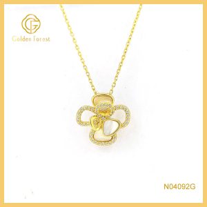 925 Silver MOP Sculpture Flower Pendant Necklace wiht Gold Plated & CZ