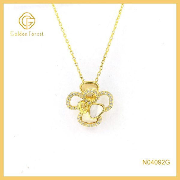 925 Silver MOP Sculpture Flower Pendant Necklace wiht Gold Plated & CZ