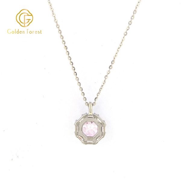 Geometric Pink Stone Halo Necklace Valentine's Gift Romantic Design - Image 4