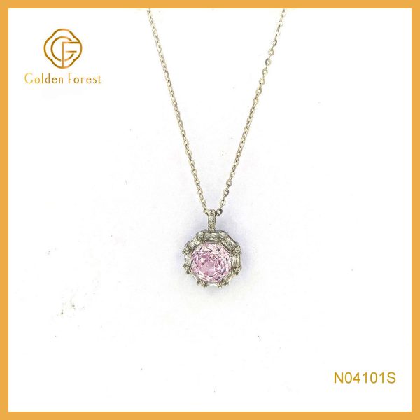 Geometric Pink Stone Halo Necklace Valentine's Gift Romantic Design