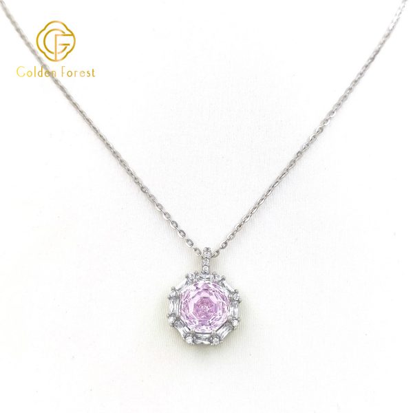 Geometric Pink Stone Halo Necklace Valentine's Gift Romantic Design - Image 2