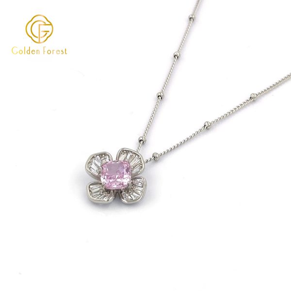 Silver Plated Pink Stone Floral Necklace Silver Beaded Chain - Image 3