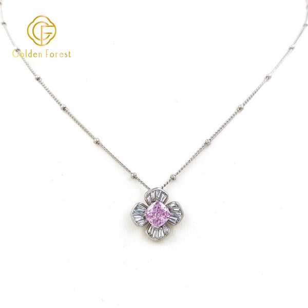 Silver Plated Pink Stone Floral Necklace Silver Beaded Chain - Image 2