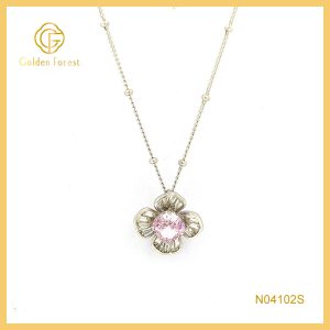 Silver Plated Pink Stone Floral Necklace Silver Beaded Chain