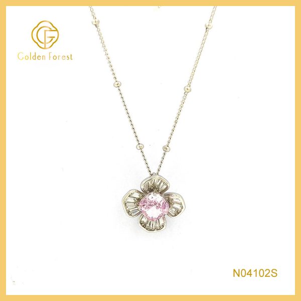 Silver Plated Pink Stone Floral Necklace Silver Beaded Chain