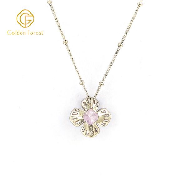 Silver Plated Pink Stone Floral Necklace Silver Beaded Chain - Image 4
