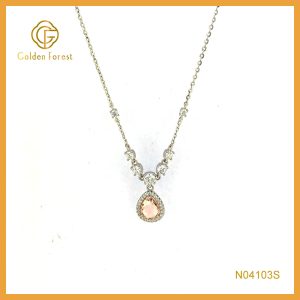 Rhodium Plated ​​Teardrop Champagne Stone Necklace with CZ Halo
