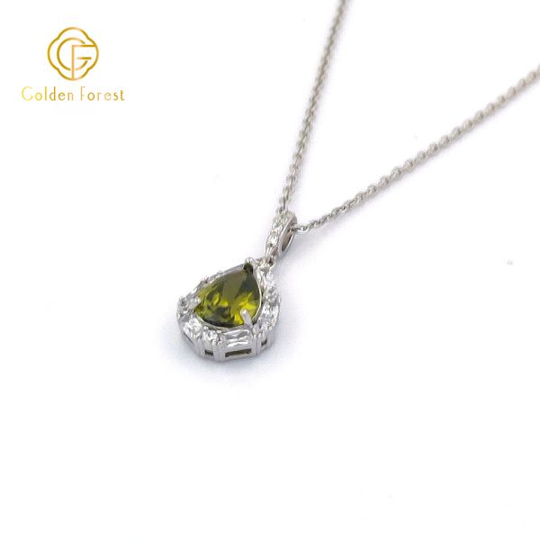 Sterling Silver Olive Green Halo Teardrop Pendant Necklace - Image 3