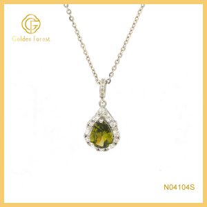 Sterling Silver Olive Green Halo Teardrop Pendant Necklace