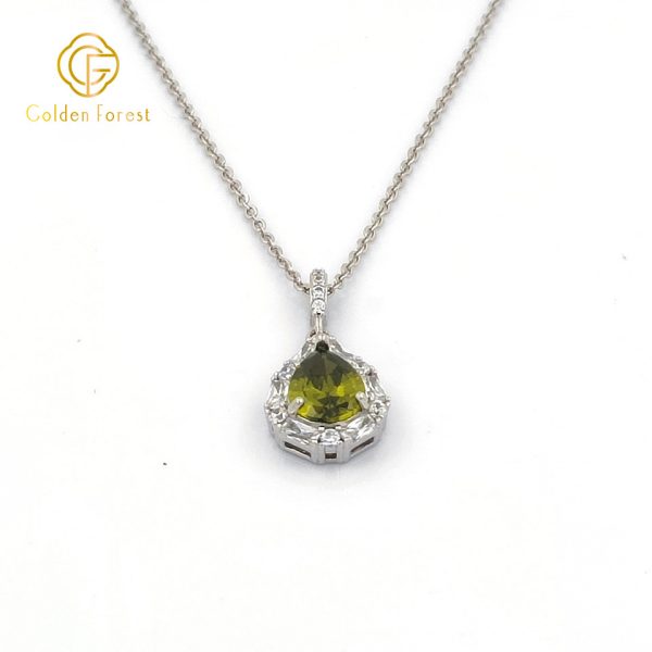 Sterling Silver Olive Green Halo Teardrop Pendant Necklace - Image 2