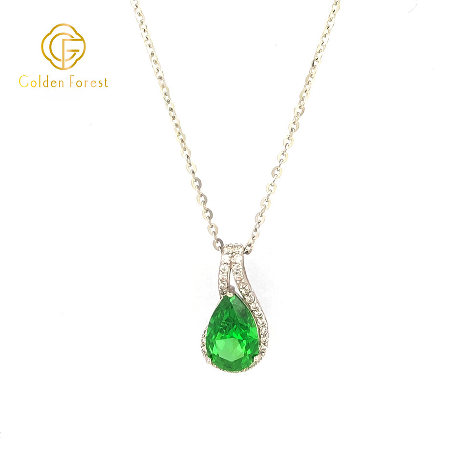 Sterling Silver Green Teardrop Cubic Zirconia Necklace - Image 2