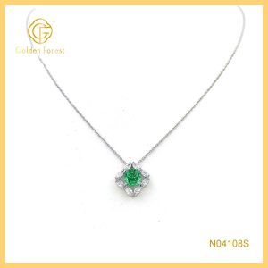 925 Silver Hollow Clover Green Center Stone Pendant Necklace