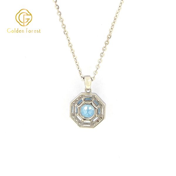 Rhodium Plating Geometric Blue Halo Pendant Necklace for Gift - Image 4