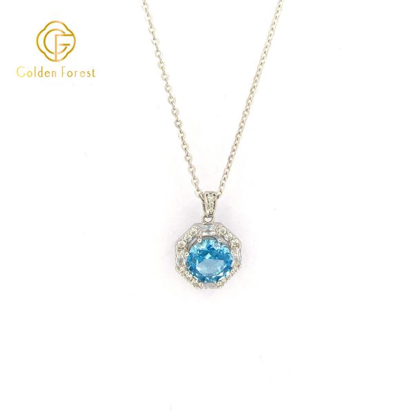 Rhodium Plating Geometric Blue Halo Pendant Necklace for Gift - Image 2