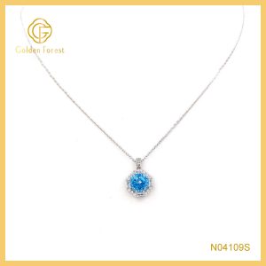 Rhodium Plating Geometric Blue Halo Pendant Necklace for Gift