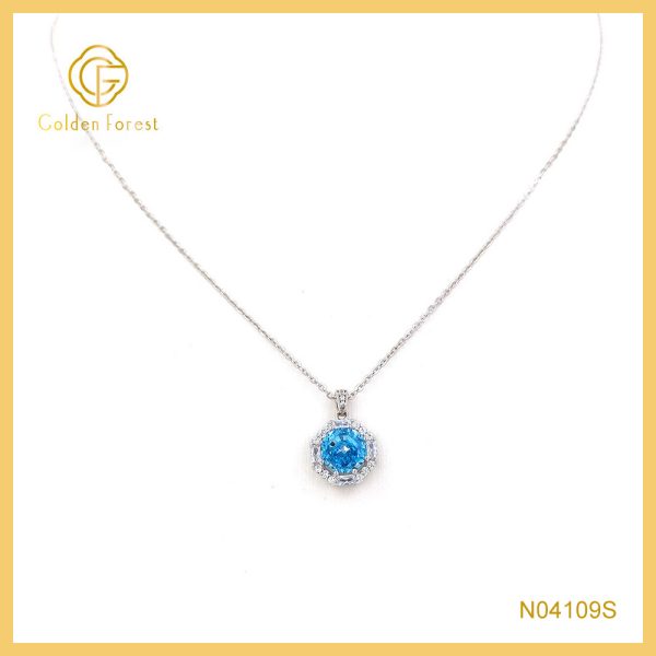 Rhodium Plating Geometric Blue Halo Pendant Necklace for Gift