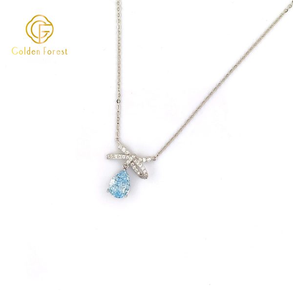 925 Silver Bow Knot Pendant Necklace with Ocean Blue Pear Stones - Image 3