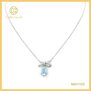 925 Silver Bow Knot Pendant Necklace with Ocean Blue Pear Stones
