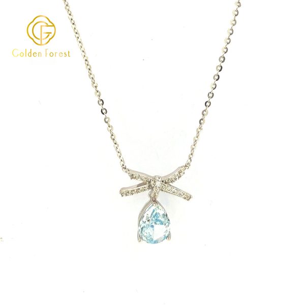 925 Silver Bow Knot Pendant Necklace with Ocean Blue Pear Stones - Image 2
