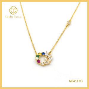 Rainbow Birthstone Floral Circle Pendant Necklace with Hollow Design