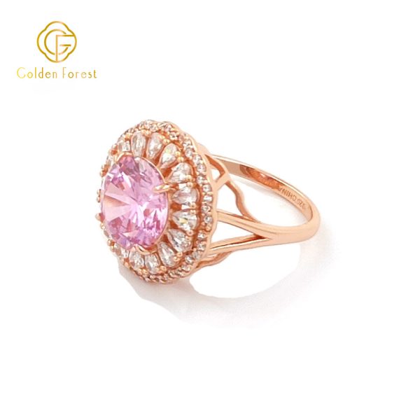Rose Golden Plated Pink CZ Center Stone Halo Rings Romantic Gift - Image 2