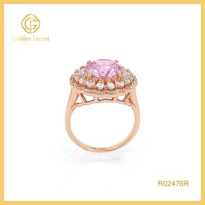 Rose Golden Plated Pink CZ Center Stone Halo Rings Romantic Gift