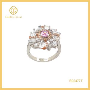 Two-Tone Pink Stone Flower Silver Rings Engadgetment Ring