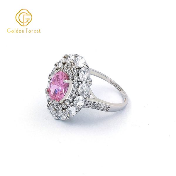 Sterling Silver Pink Stone Halo Rings for Anniversary - Image 2