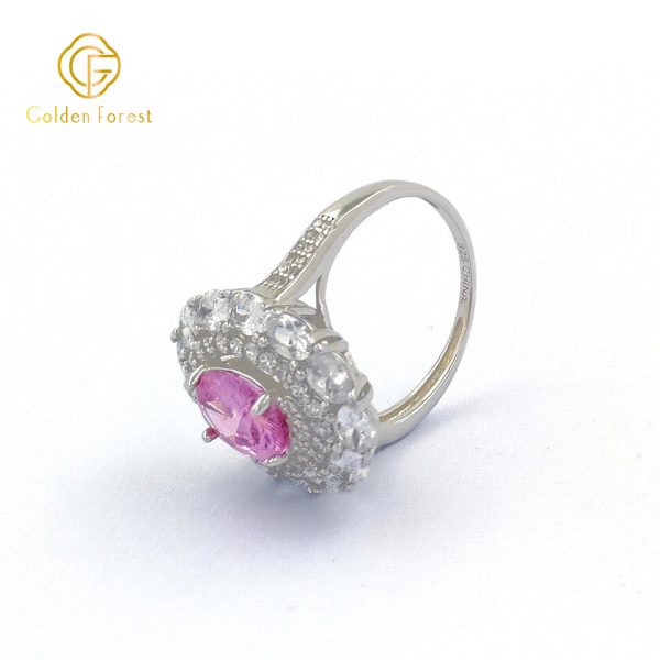 Sterling Silver Pink Stone Halo Rings for Anniversary - Image 3