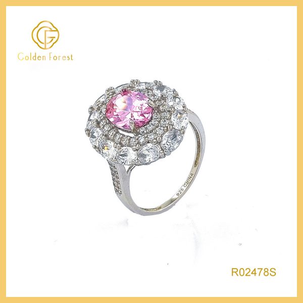Sterling Silver Pink Stone Halo Rings for Anniversary