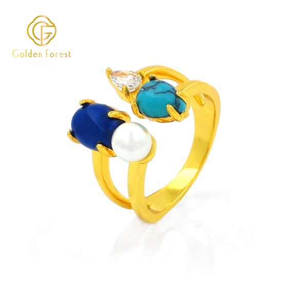 Gold Plated Multicolor Gemstone Pearl Open Rings Ocean Inspired - Image 2
