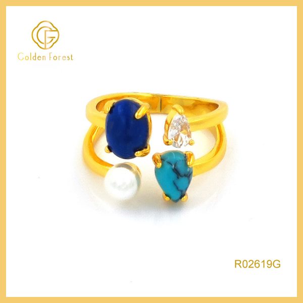 Gold Plated Multicolor Gemstone Pearl Open Rings Ocean Inspired
