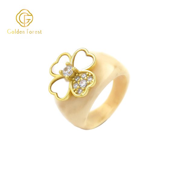 Lucky Four-Leaf Clover Resin Rings with Sparkling CZ Stones - Image 4