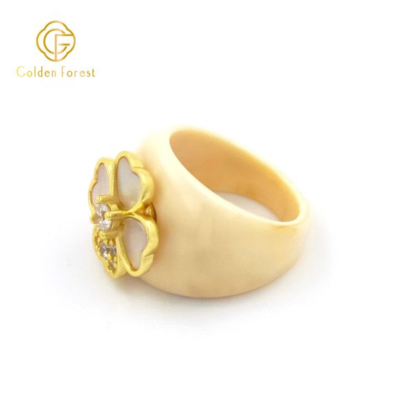 Lucky Four-Leaf Clover Resin Rings with Sparkling CZ Stones - Image 3