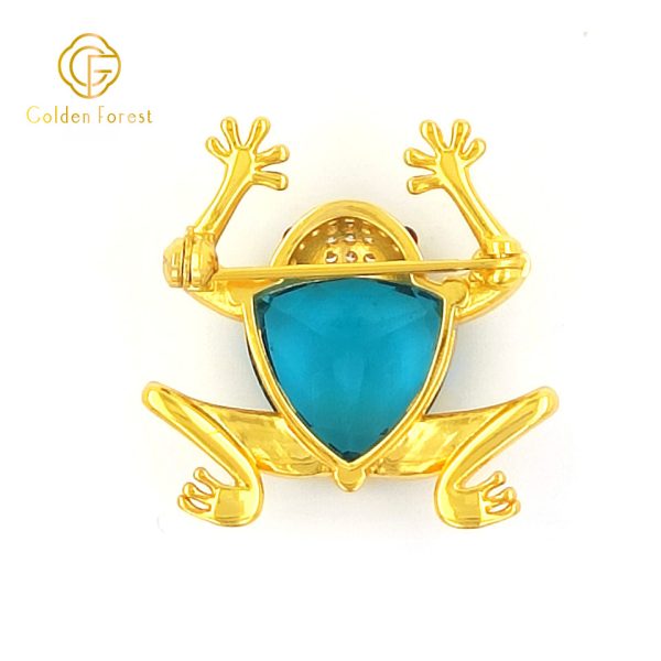 Gold  Plated Frog Shaped Gorgeous Brooch with Blue Gem & Diamonds for Fashion Enthusiasts - Image 4