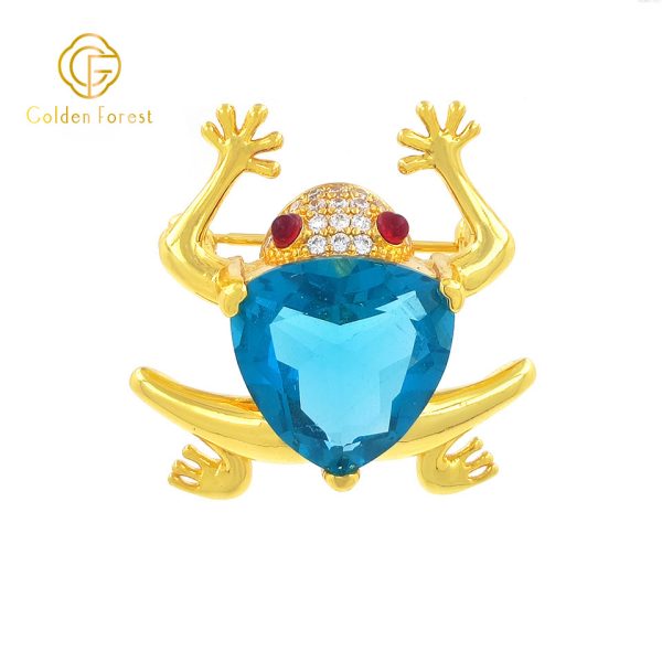 Gold  Plated Frog Shaped Gorgeous Brooch with Blue Gem & Diamonds for Fashion Enthusiasts - Image 2